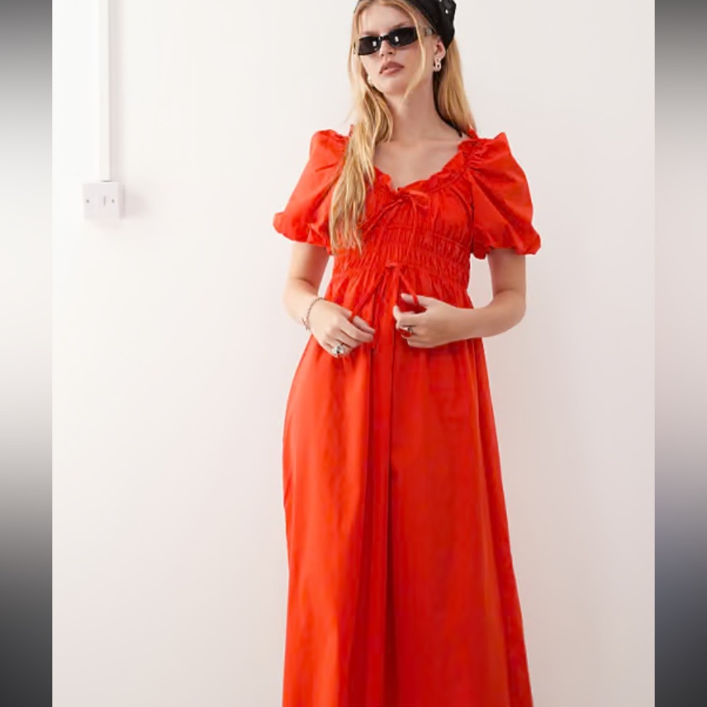 Reclaimed Vintage midi dress with bubble sleeves and shirred waist in red